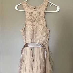 Teeze me layered sparkly peach dress with mauve tie